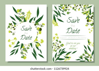 Wedding Invitation Frames with Eucalyptus Leaves. Elegant Cute Templates for Invite, Cards Design. Decorative Floral Greenery Elements for Rustic Wedding. Invitation with Vector Branches, Herbs, Palm.