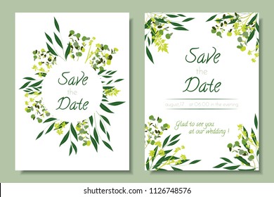 Wedding Invitation Frames with Eucalyptus Leaves. Elegant Cute Templates for Invite, Cards Design. Decorative Floral Greenery Elements for Rustic Wedding. Invitation with Vector Branches, Herbs, Palm.