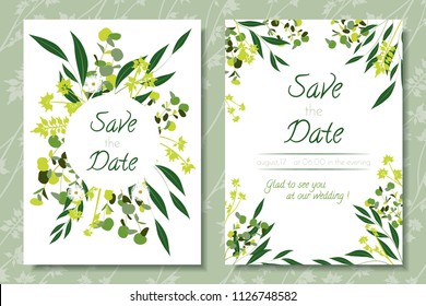 Wedding Invitation Frames with Eucalyptus Leaves. Elegant Cute Templates for Invite, Cards Design. Decorative Floral Greenery Elements for Rustic Wedding. Invitation with Vector Branches, Herbs, Palm.