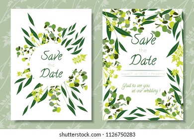 Wedding Invitation Frames with Eucalyptus Leaves. Elegant Cute Templates for Invite, Cards Design. Decorative Floral Greenery Elements for Rustic Wedding. Invitation with Vector Branches, Herbs, Palm.
