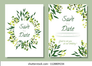 Wedding Invitation Frames with Eucalyptus Leaves. Elegant Cute Templates for Invite, Cards Design. Decorative Floral Greenery Elements for Rustic Wedding. Invitation with Vector Branches, Herbs, Palm.