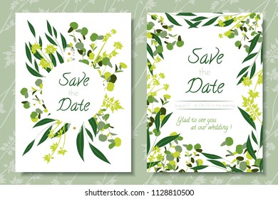 Wedding Invitation Frames with Eucalyptus Leaves. Elegant Cute Templates for Invite, Cards Design. Decorative Floral Greenery Elements for Rustic Wedding. Invitation with Vector Branches, Herbs, Palm.