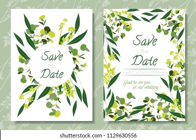 Wedding Invitation Frames with Eucalyptus Leaves. Elegant Cute Templates for Invite, Cards Design. Decorative Floral Greenery Elements for Rustic Wedding. Invitation with Vector Branches, Herbs, Palm.