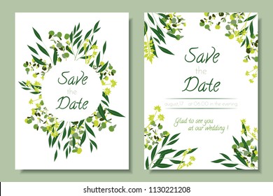 Wedding Invitation Frames with Eucalyptus Leaves. Elegant Cute Templates for Invite, Cards Design. Decorative Floral Greenery Elements for Rustic Wedding. Invitation with Vector Branches, Herbs, Palm.