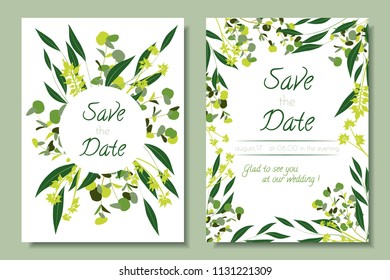 Wedding Invitation Frames with Eucalyptus Leaves. Elegant Cute Templates for Invite, Cards Design. Decorative Floral Greenery Elements for Rustic Wedding. Invitation with Vector Branches, Herbs, Palm.