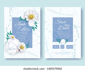 Wedding Invitation Frames Templates Set. White Peony and Anemone Flowers with Leaves on Background with Random Blobs, Floral and Herbs Garland with Green Leafage, Nature Art. Vector Illustration.