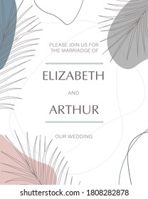 Wedding invitation, front side.
Simple abstract objects, pastel colors with thin lines. Fern leaves on a light background. A combination of delicate colors, collected in a modern composition. Vector.