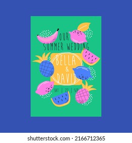 Wedding invitation with fruits. Greeting date card with summer elements. Vector illustration with modern summer colors