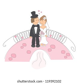 Wedding invitation with funny bride and groom  sitting on the bridge. Hand drawing illustration.