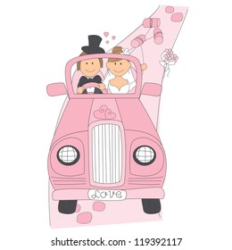 Wedding invitation with funny bride and groom on car driving to their honeymoon