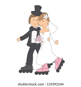 Wedding invitation with funny bride and groom  dancing on roller skates. Hand drawing illustration.