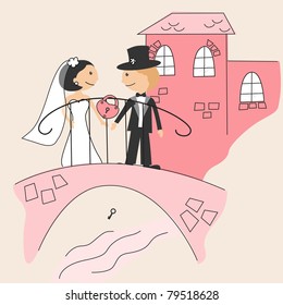 Wedding invitation with funny bride and groom on bridge