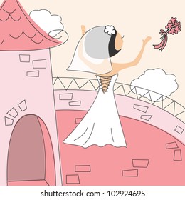 Wedding invitation with funny bride on the balcony of the castle