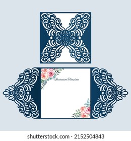 Wedding invitation Gate card with lace cutout pattern, Laser cut template, vector.