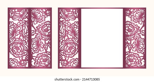 Wedding Invitation Gate Fold Card With Peony Flowers Pattern, Laser Cut Template, Vector.