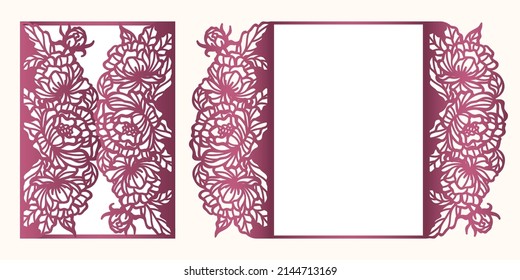 Wedding Invitation Gate Fold Card With Pattern Of Peony Flowers, Laser Cut Template, Vector.