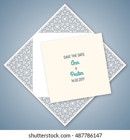 Wedding invitation with geometric pattern. Cut laser square envelope template for greeting cards, envelopes, invitations. Vector paper cutting ornamental panel. Die cut card.