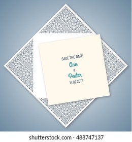 Wedding invitation with geometric pattern. Cut laser square envelope template for greeting cards, envelopes, invitations. Vector paper cutting ornamental panel. Die cut card.