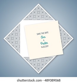 Wedding invitation with geometric pattern. Cut laser square envelope template for greeting cards, envelopes, invitations. Vector paper cutting ornamental panel. Die cut card.