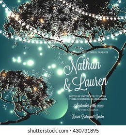 Wedding invitation with glowing lights on the tree. Garden party invitation. Inspiration card for wedding, date, birthday, tea party