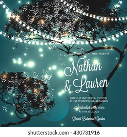 Wedding invitation with glowing lights on the tree. Garden party invitation. Inspiration card for wedding, date, birthday, tea party