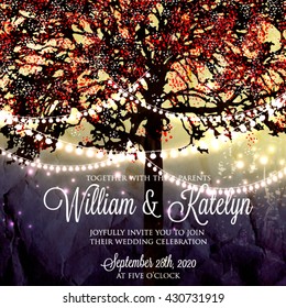 Wedding invitation with glowing lights on the tree. Garden party invitation. Inspiration card for wedding, date, birthday, tea party