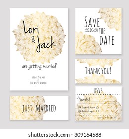 Wedding invitation gold card set. Thank you, save the date, RSVP, just married.