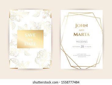 Wedding Invitation with Gold Flowers. background with geometric golden frame. Cover design with an ornament of golden leaves.Trendy templates for banner, flyer, poster, greeting. eps10