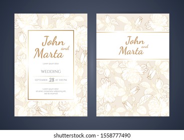 Wedding Invitation with Gold Flowers. background with geometric golden frame. Cover design with an ornament of golden leaves.Trendy templates for banner, flyer, poster, greeting. eps10