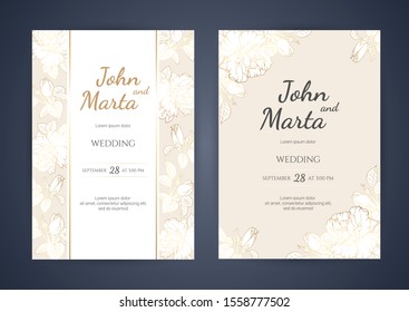 Wedding Invitation with Gold Flowers. background with geometric golden frame. Cover design with an ornament of golden leaves.Trendy templates for banner, flyer, poster, greeting. eps10