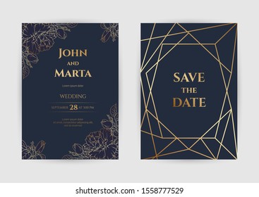 Wedding Invitation with Gold Flowers. background with geometric golden frame. Cover design with an ornament of golden leaves.Trendy templates for banner, flyer, poster, greeting. eps10