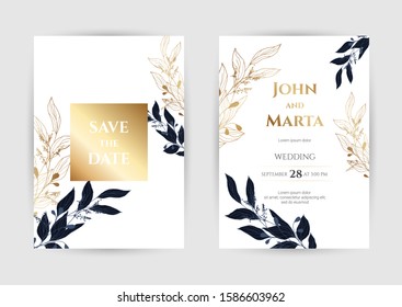 Wedding Invitation with Gold Flowers. background with geometric golden frame. Cover design with an ornament of golden leaves.Trendy templates for banner, flyer, poster, greeting. eps10