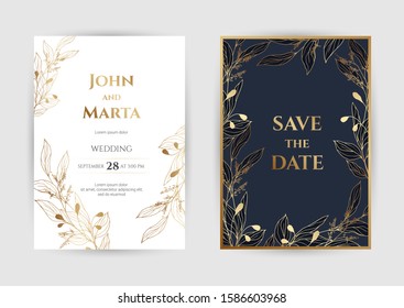 Wedding Invitation with Gold Flowers. background with geometric golden frame. Cover design with an ornament of golden leaves.Trendy templates for banner, flyer, poster, greeting. eps10