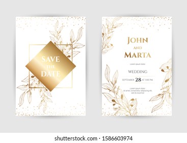 Wedding Invitation with Gold Flowers. background with geometric golden frame. Cover design with an ornament of golden leaves.Trendy templates for banner, flyer, poster, greeting. eps10