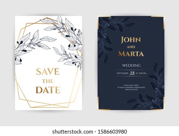 Wedding Invitation with Gold Flowers. background with geometric golden frame. Cover design with an ornament of golden leaves.Trendy templates for banner, flyer, poster, greeting. eps10