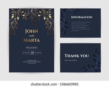 Wedding Invitation with Gold Flowers. background with geometric golden frame. Cover design with an ornament of golden leaves.Trendy templates for banner, flyer, poster, greeting. eps10