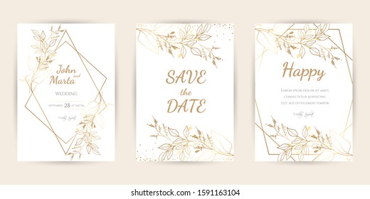 Wedding Invitation with Gold Flowers. background with geometric golden frame. Cover design with an ornament of golden leaves.Trendy templates for banner, flyer, poster, greeting. eps10