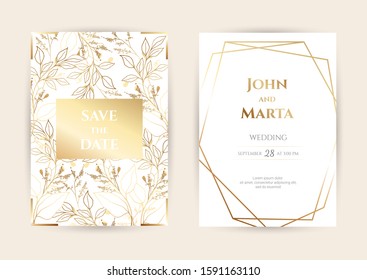 Wedding Invitation with Gold Flowers. background with geometric golden frame. Cover design with an ornament of golden leaves.Trendy templates for banner, flyer, poster, greeting. eps10