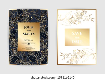 Wedding Invitation with Gold Flowers. background with geometric golden frame. Cover design with an ornament of golden leaves.Trendy templates for banner, flyer, poster, greeting. eps10