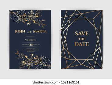 Wedding Invitation with Gold Flowers. background with geometric golden frame. Cover design with an ornament of golden leaves.Trendy templates for banner, flyer, poster, greeting. eps10