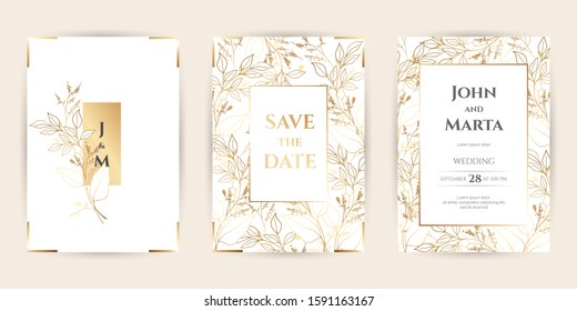 Wedding Invitation with Gold Flowers. background with geometric golden frame. Cover design with an ornament of golden leaves.Trendy templates for banner, flyer, poster, greeting. eps10