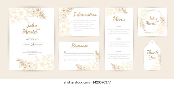 Wedding Invitation with Gold Flowers and gold geometric line design. background with geometric golden frame. Cover design with an ornament of golden leaves. vector eps10