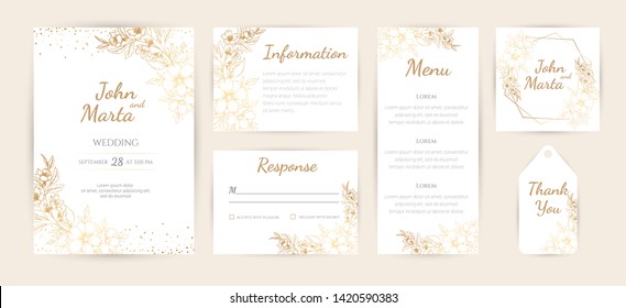 Wedding Invitation with Gold Flowers and gold geometric line design. background with geometric golden frame. Cover design with an ornament of golden leaves. vector eps10