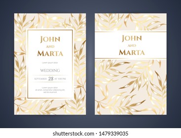 Wedding Invitation with Gold Flowers and gold geometric line design. background with golden frame. Cover design with an ornament of golden leaves. vector eps10