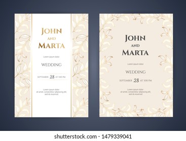 Wedding Invitation with Gold Flowers and gold geometric line design. background with golden frame. Cover design with an ornament of golden leaves. vector eps10