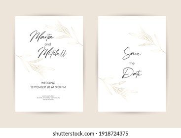 Wedding Invitation with Gold Flowers and gold geometric line design. Cover design with an ornament of golden leaves. vector eps10