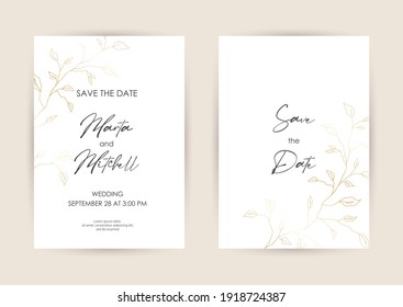 Wedding Invitation with Gold Flowers and gold geometric line design. Cover design with an ornament of golden leaves. vector eps10