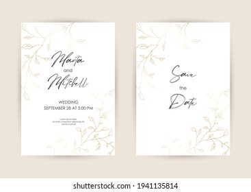 Wedding Invitation with Gold Flowers and gold geometric line design. Cover design with an ornament of golden leaves. vector eps10