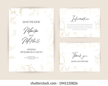 Wedding Invitation with Gold Flowers and gold geometric line design. Cover design with an ornament of golden leaves. vector eps10