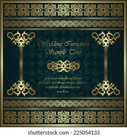 Wedding invitation with a gold frame and borders on seamless background      
